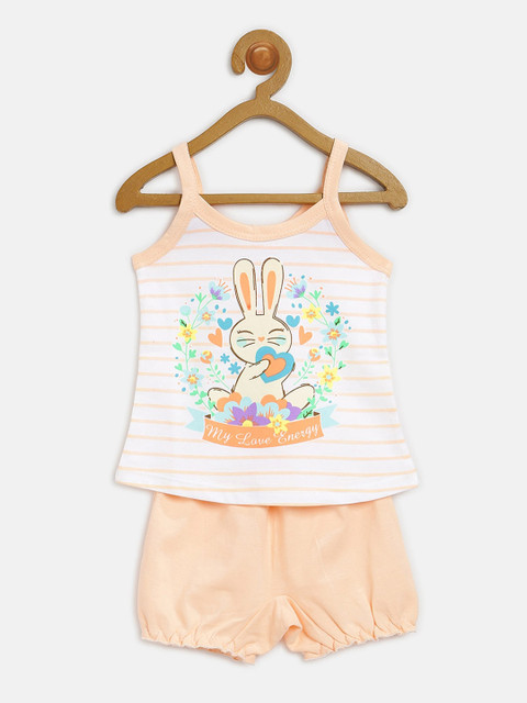 

V2 Value & Variety Girls Peach-Coloured & White Striped Top with Shorts