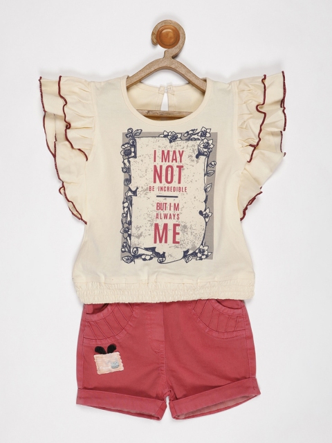 

V2 Value & Variety Girls Cream-Coloured & Pink Printed Top with Shorts