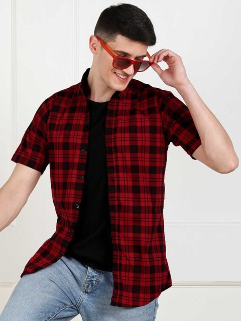 

JAI TEXTILES Men Maroon Slim Fit Tartan Checks Checked Casual Shirt