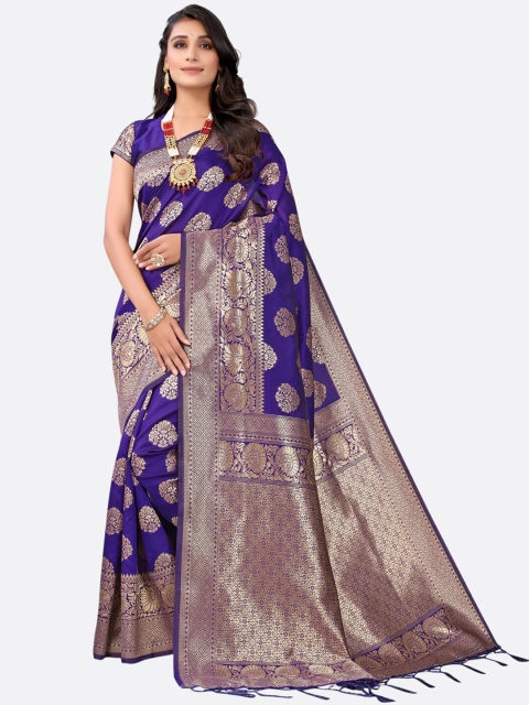 

SIRIL Violet & Gold-Toned Woven Design Zari Banarasi Saree