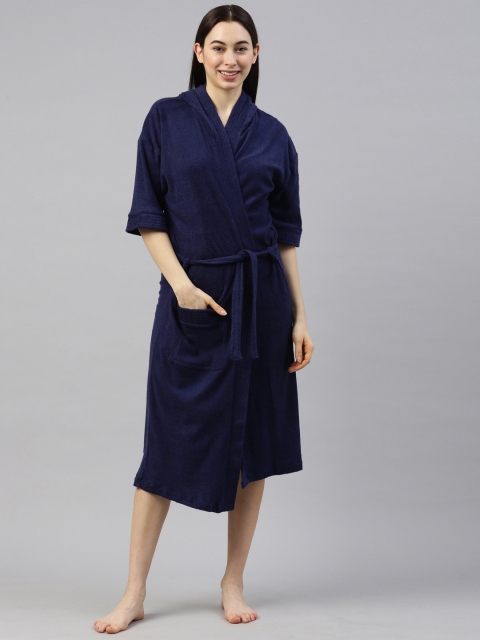 

GOLDSTROMS Women Navy Blue Solid Hooded Bath Robe