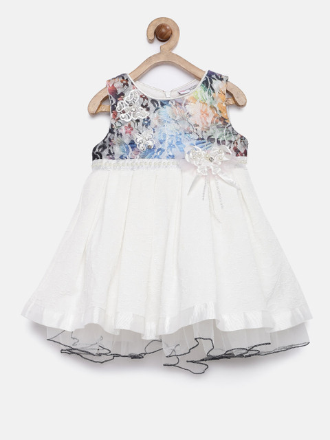 

Peppermint Girls Off-White & Blue Self Design Fit and Flare Dress