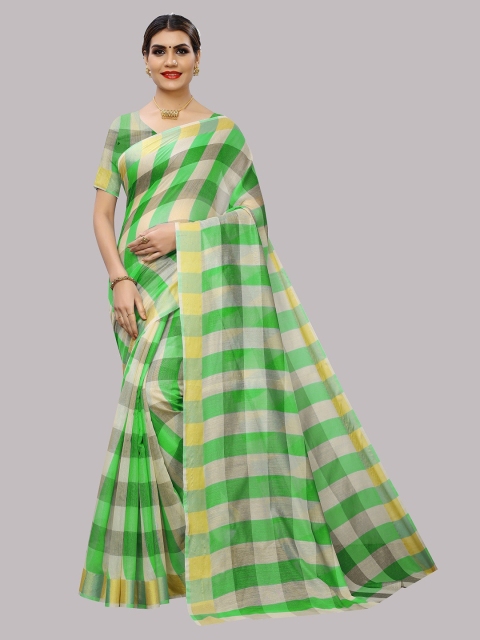 

YOYO Fashion Green & Grey Checked Silk Cotton Saree