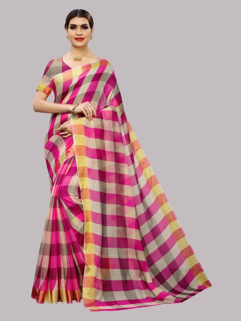 

YOYO Fashion Magenta & Yellow Checked Silk Cotton Saree