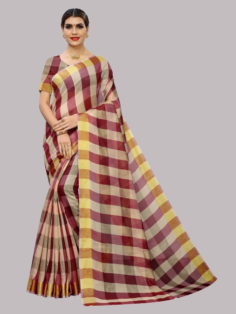 

YOYO Fashion Maroon & Yellow Checked Silk Cotton Saree