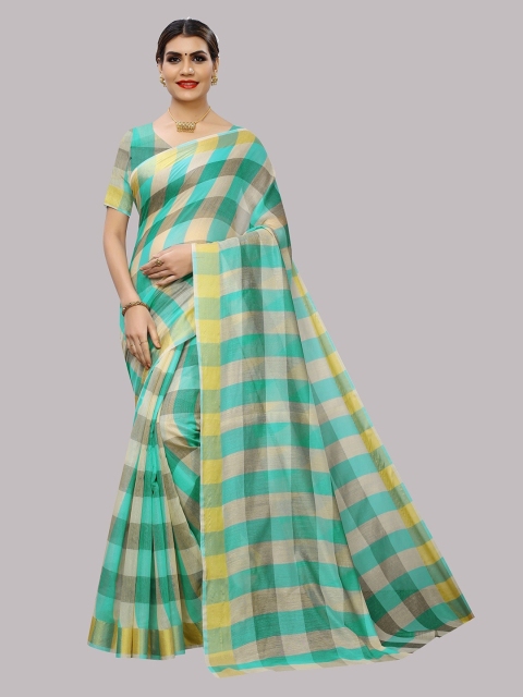 

YOYO Fashion Blue & Yellow Checked Cotton Silk Saree