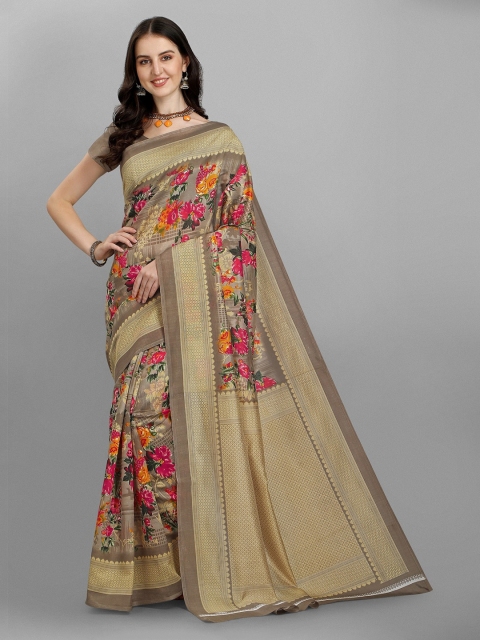 

YOYO Fashion Beige & Pink Floral Silk Blend Saree