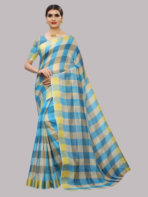 

YOYO Fashion Turquoise Blue & Yellow Checked Silk Cotton Saree
