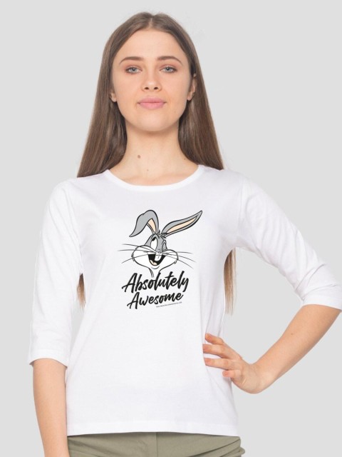 

Bewakoof Women White Printed Extended Sleeves Slim Fit T-shirt