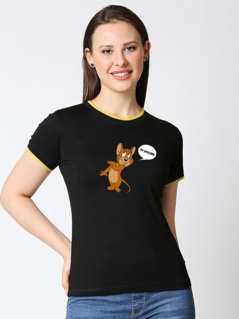 

Bewakoof Women Black Printed Applique Slim Fit T-shirt