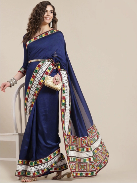 

Satrani Blue & White Embroidered Saree