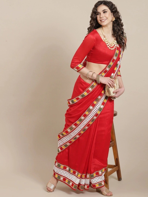 

Satrani Red & White Embroidered Saree