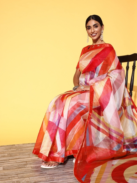 Tikhi Imli Colourblocked Saree with Solid Border, Red