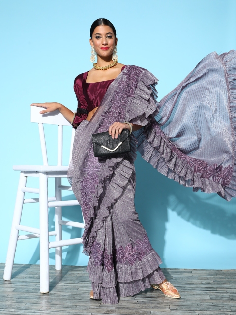 

Tikhi Imli Mauve Patchwork Pleated Ruffle Saree with Crochet Border