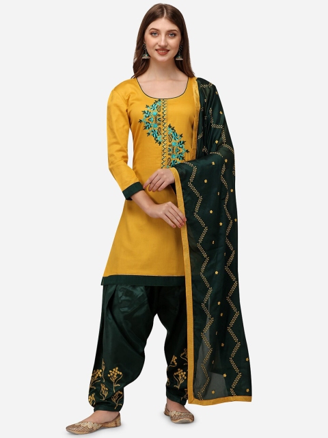 

Sarvayog Fashion Yellow & Green Embroidered Satin Unstitched Dress Material