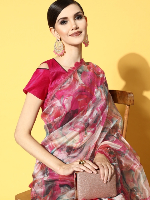 

Tikhi Imli Pink Printed Organza Saree
