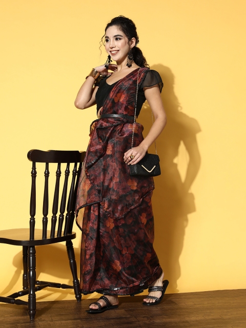 

Tikhi Imli Black & Brown Floral Sequinned Organza Belted Saree