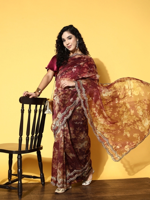 

Tikhi Imli Maroon & Beige Floral Gotta Patti Organza Saree