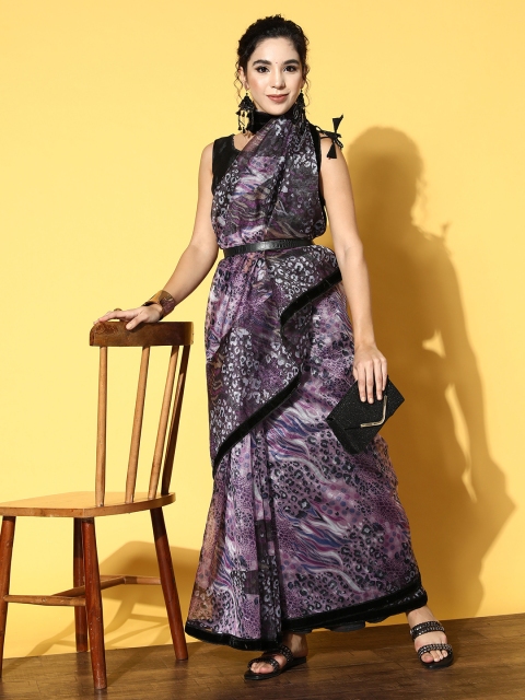 

Tikhi Imli Purple Printed Organza Belted Saree