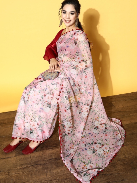 

Tikhi Imli Pink Floral Printed Poly Georgette Saree