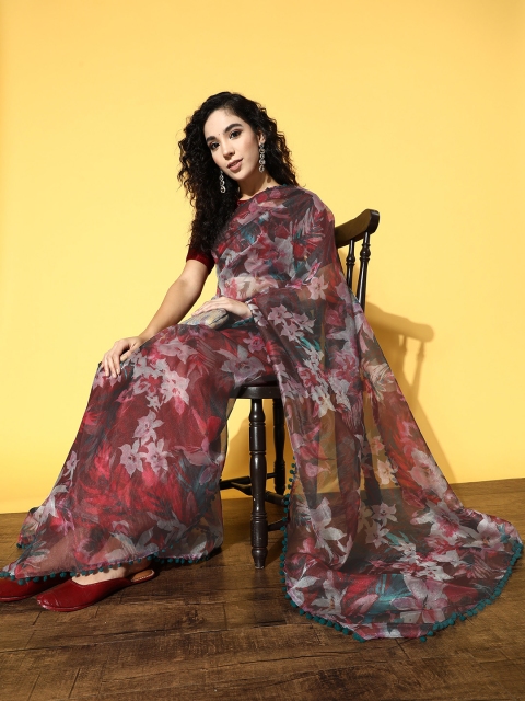 

Tikhi Imli Burgundy & Teal Floral Organza Saree