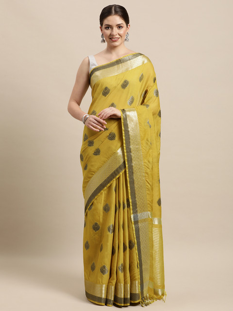 

swatika Mustard & Gold-Toned Ethnic Motifs Zari Banarasi Saree