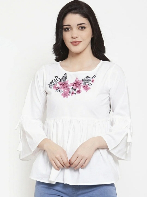 

TRENDY RABBIT Women White Embroidered Casual Top