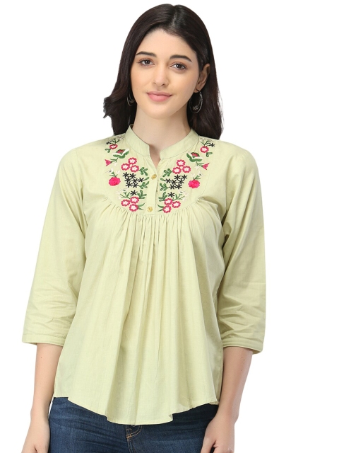 

TRENDY RABBIT Green Floral Embroidered Mandarin Collar Top