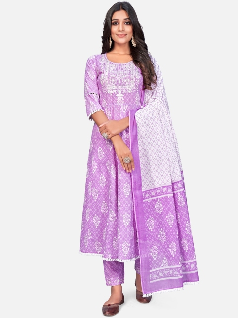 

Vbuyz Women Lavender Ethnic Motifs Printed Pure Cotton Kurta with Palazzos & Dupatta