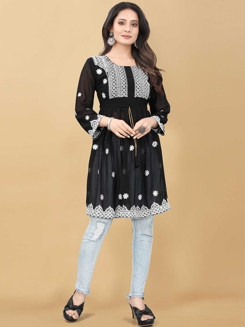 

WEAVETECH IMPEX Black Floral Embroidered Georgette Longline Top