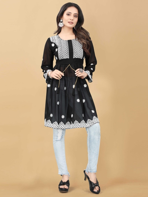 

WEAVETECH IMPEX Black Floral Embroidered Georgette Longline Top