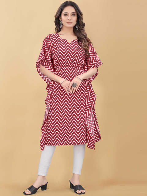 

WEAVETECH IMPEX Women Red & White Chevron Printed Flared Sleeves Crepe Kaftan Kurta