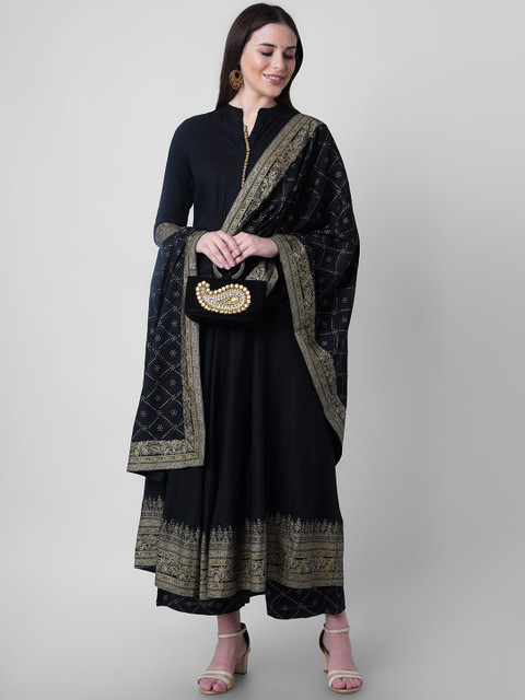 

Mollar Women Black Ethnic Motifs Printed Panelled Kurta with Palazzos & Dupatta