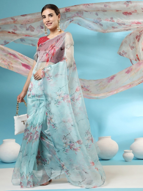 ORUS Turquoise Blue & Pink Floral Printed Organza Saree