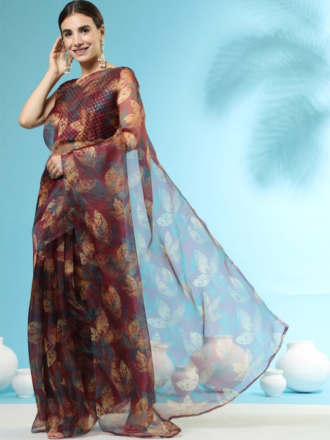 

ORUS Maroon & Blue Floral Organza Saree