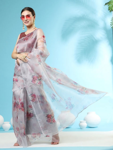 

ORUS Grey & Maroon Floral Organza Heavy Work Saree With Blouse Piece