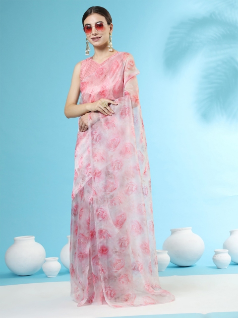 

ORUS White & Pink Digital Floral Print Organza Saree