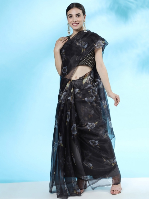 

ORUS Black & Grey Floral Printed Organza Saree