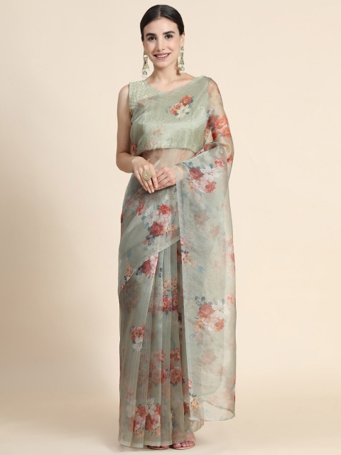 

ORUS Lime Green & Pink Floral Organza Saree