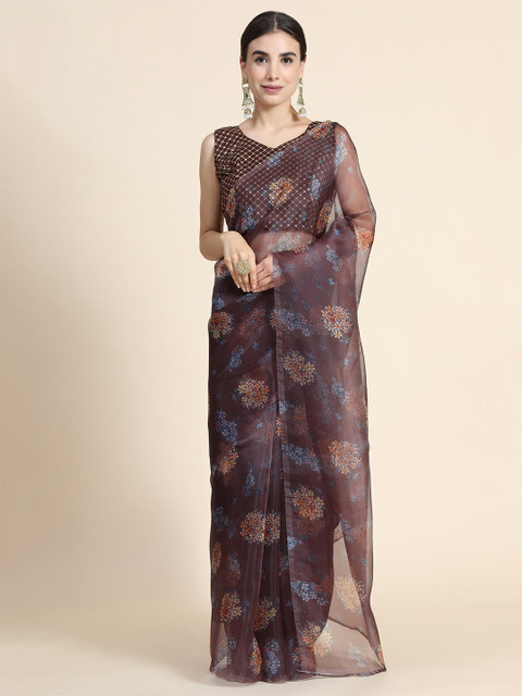 

ORUS Women Brown & Blue Floral Organza Saree