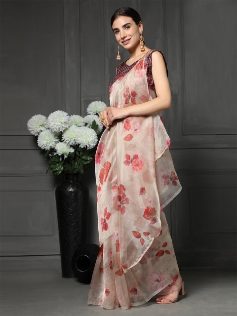 

ORUS Red & Grey Floral Digital Print Organza Saree