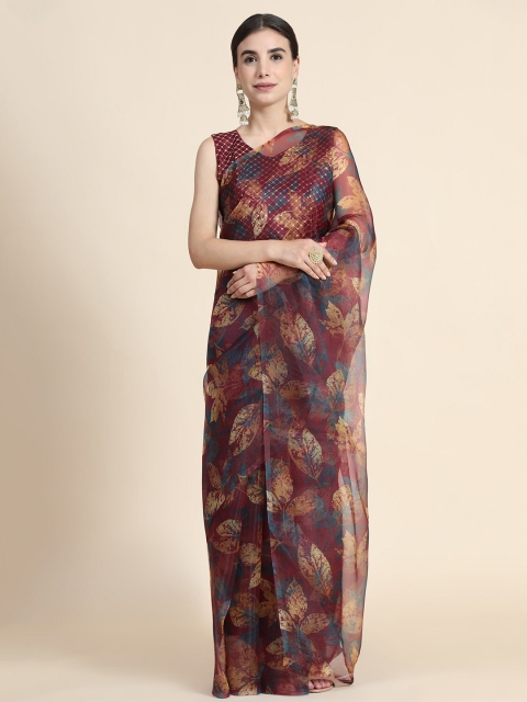 

ORUS Maroon & Blue Digital Floral Print Organza Saree