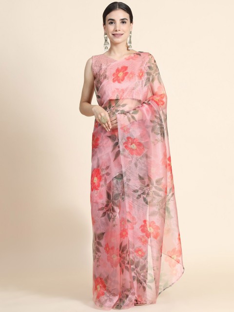 

ORUS Women Pink & Blue Floral Organza Saree With Blouse Piece