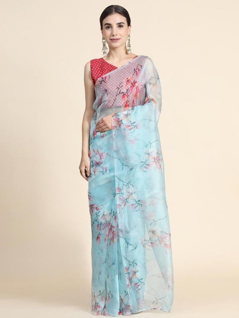 

ORUS Turquoise Blue & Red Floral Organza Saree