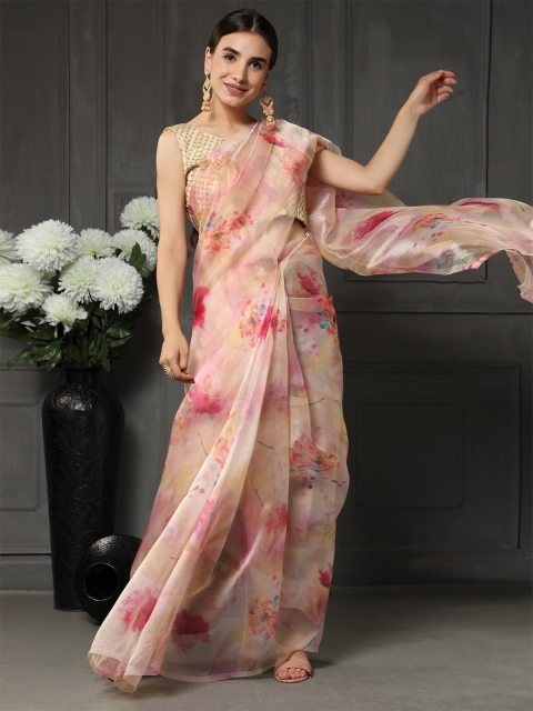 

ORUS Pink Floral Organza Saree
