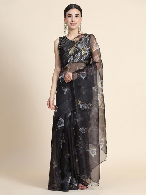 

ORUS Black & Grey Floral Organza Saree