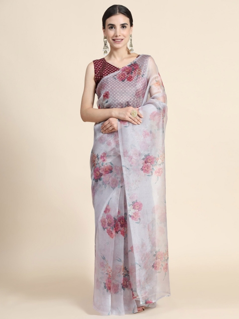 

ORUS Women Grey & Pink Floral Printed Organza Saree