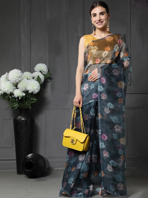 

ORUS Blue & Pink Floral Organza Saree