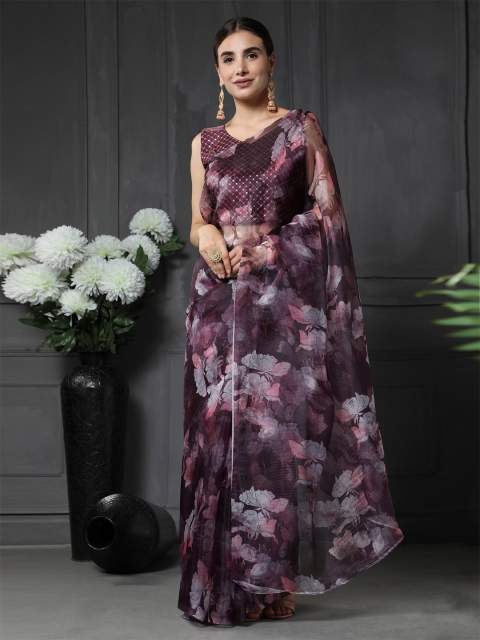 ORUS Grey & White Floral Organza Saree