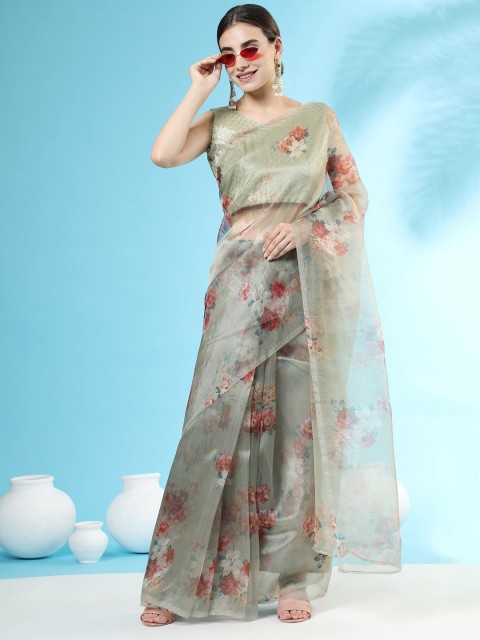 

ORUS Lime Green & Pink Floral Organza Saree